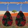 2D Flat Lightweight PU Leather Printed Teardrop Earrings, Blue-Purple Gradient Marble Pattern & Black Rose Design, Women's Fashion Pendant Earrings
