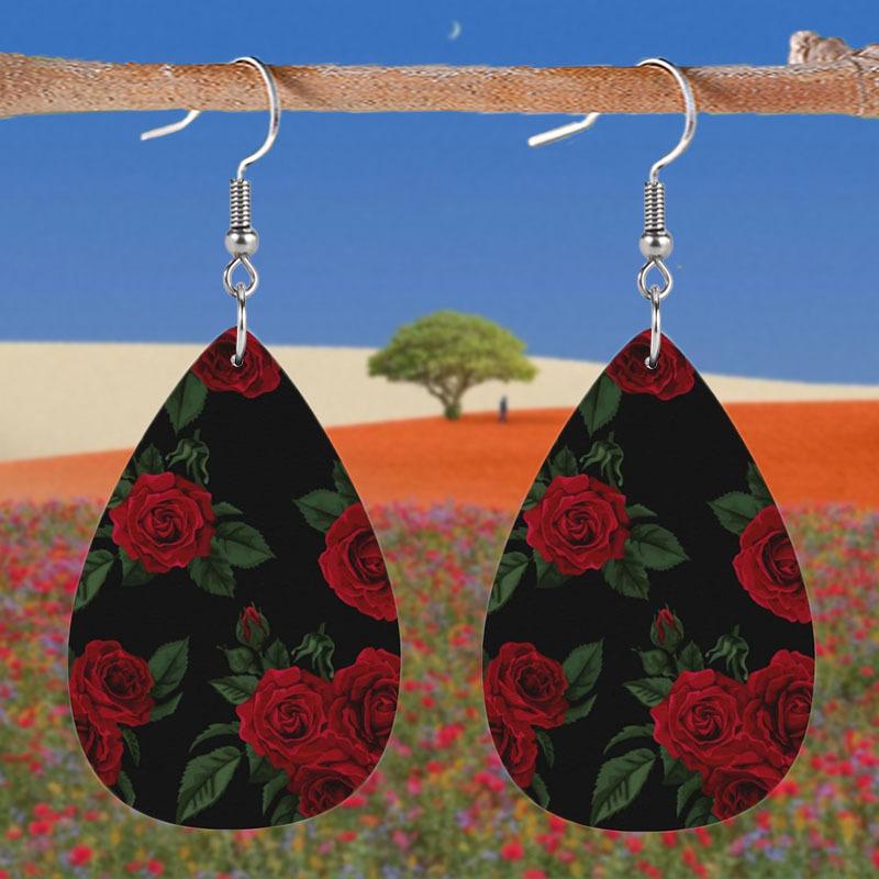 2D Flat Lightweight PU Leather Printed Teardrop Earrings, Blue-Purple Gradient Marble Pattern & Black Rose Design, Women's Fashion Pendant Earrings