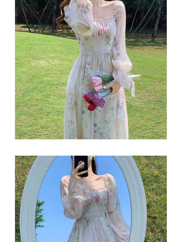 2024 Floral French Tea Break Chiffon Dress for Women - Spring Style with Goddess Elegance