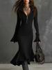 2025 Autumn Elegant Knit Fishtail Skirt with Zipper Lapel and Bell Sleeves - European and American Style