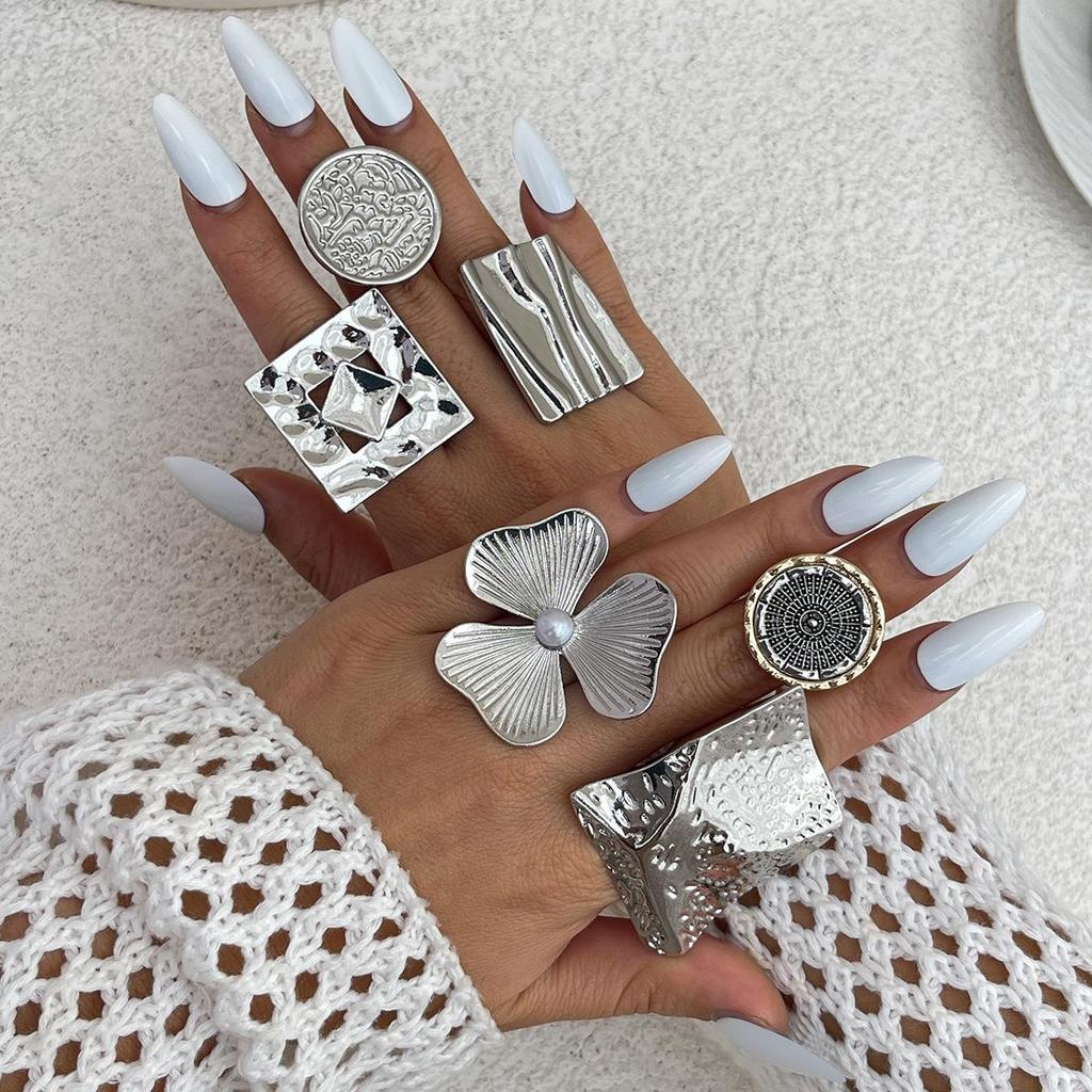 Vintage Geometric Pleated Flower Joint Rings Gold Silver Color Irregular Imitation Pearl Knuckle Ring Hollow Out Fashion Jewelry for Women Men