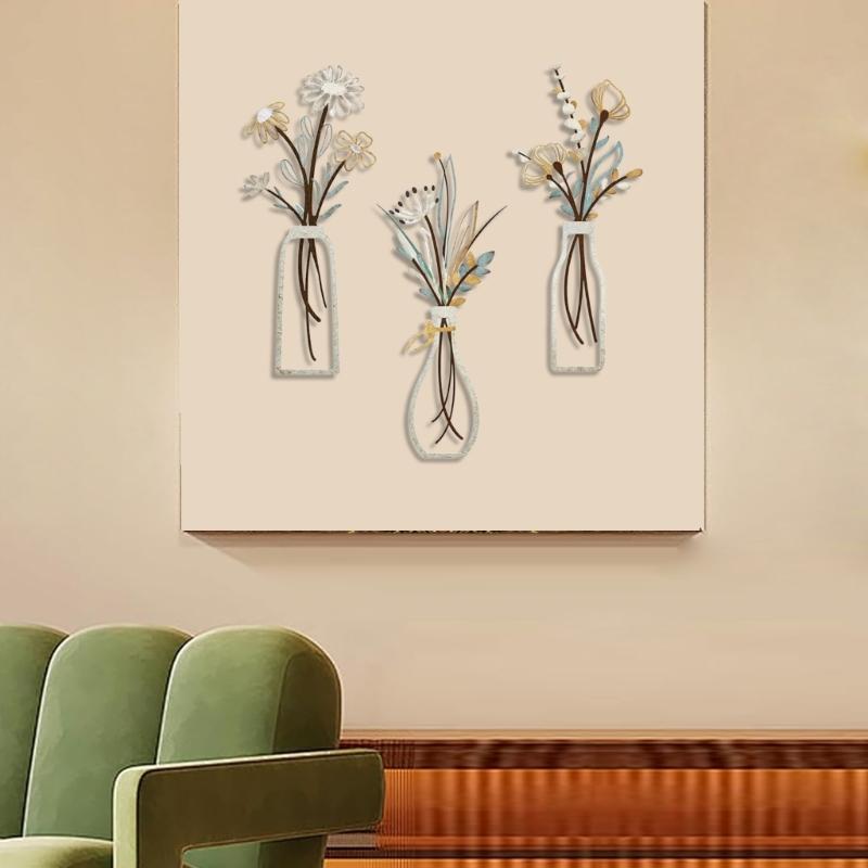 Set of 3 Metal Floral Wall Hangings Minimalists Flower Vases Line Art Wall Decors Sculptures for Living Room and Bedroom