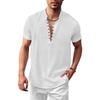 Verão Nova Camiseta Masculina de Manga Curta Algodão Linho Meio Botão Gola Henley Cor Sólida Respirável Leve Tops Masculinos