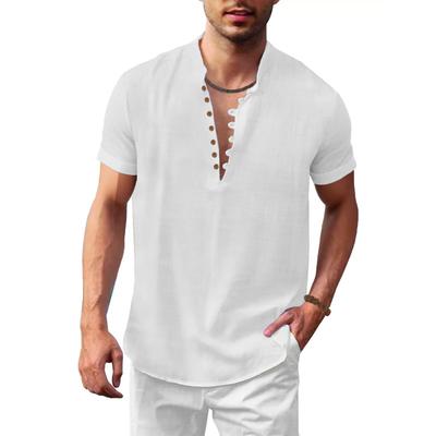 Summer New Men's Short Sleeve Cotton Linen T-shirt Half Button Henley Neck Solid Color Breathable Lightweight Male Tops