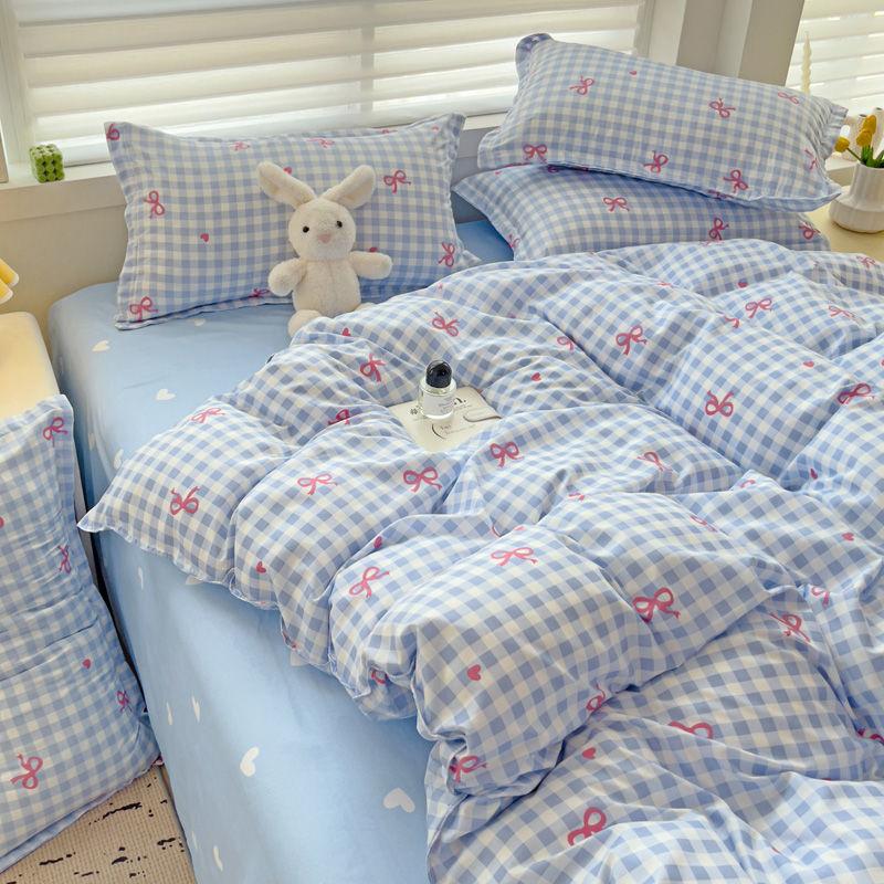 Ins Pink Plaid Bedding Set No Filler Twin Queen Size Comforter Cover Flat Sheet Pillowcase Girls Boys Solid Blanket Duvet Duvet