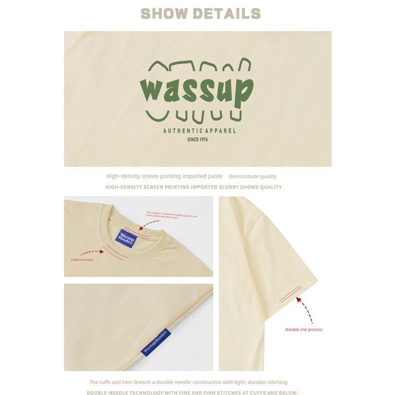 Wassup Trendy Brand Heavyweight American Letter T-Shirt for Men, Summer Loose Fit Pure Cotton Couple Trendy Tee Short-Sleeve Top