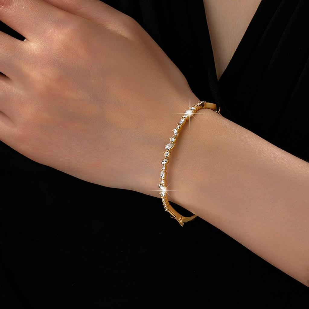 18K Gold Plated Marquise & Round Diamond Open Cuff Bracelet - Elegant Daily Wear