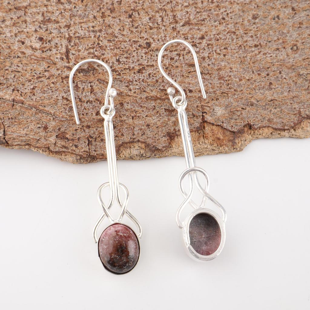 Black Rhodonite Gemstone Jewelry, 925 Solid Sterling Silver Earring,  Handmade Gorgeous Silver Boho Earrings For Wedding Gift