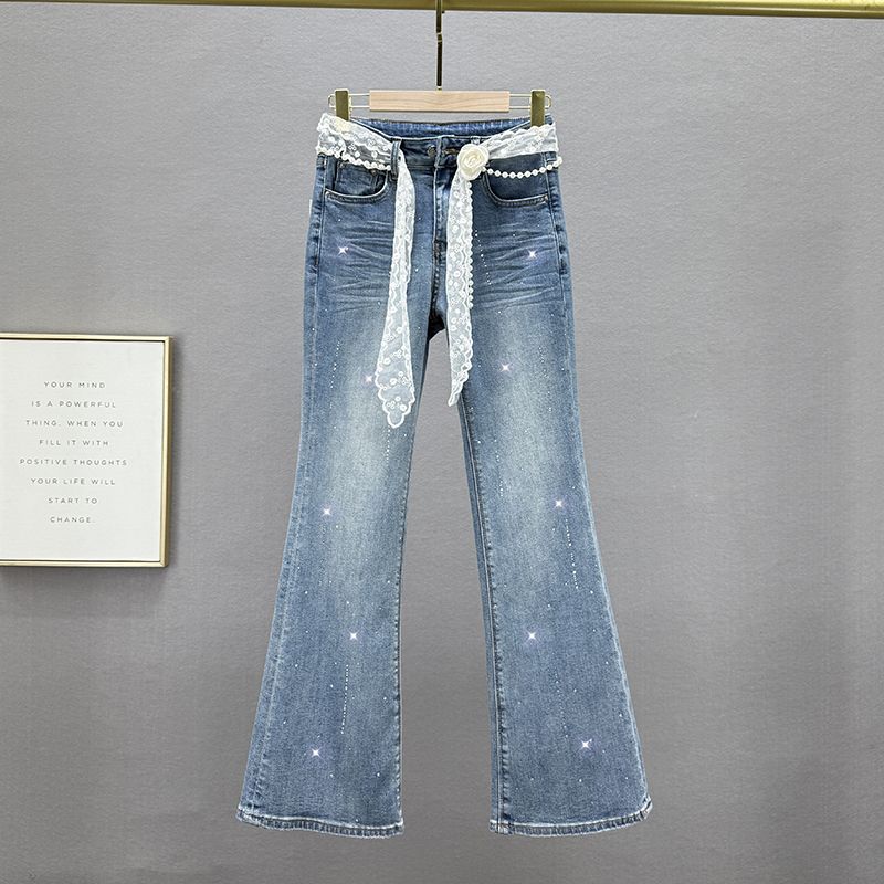 

Женские джинсовые брюки клеш, модные, весна 2025, новые, эластичные, с высокой талией, облегающего кроя, стройнящие, европейские товары, брюки с горячей отделкой Blue 26