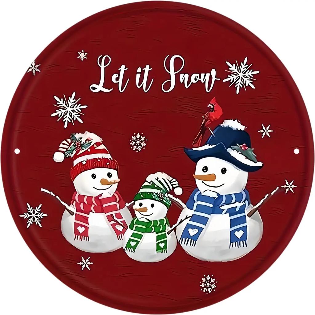 Round Metal Tin Sign Art Painting Wreath Decorative Plates Cartoon Snowman Christmas Poster for Home Garden Garage Wall Decor