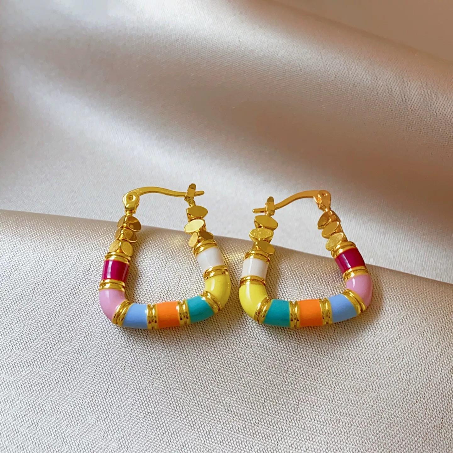 Exquisite French Enamel Geometric Drop Earrings for Women – Colorful, Sweet, and Versatile.