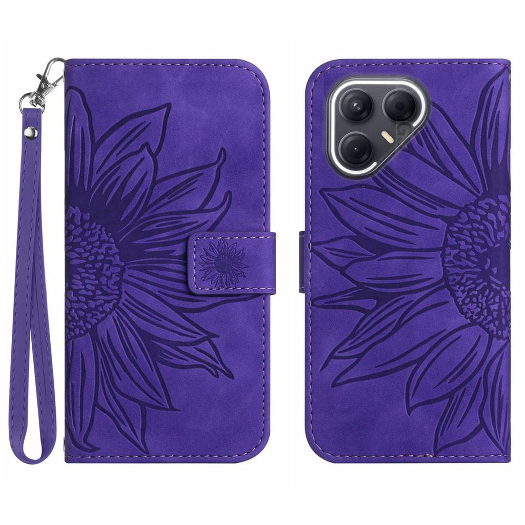 For TECNO Pova 7 5G Case Sunflower Imprint Leather Wallet Phone Cover with Wrist Strap