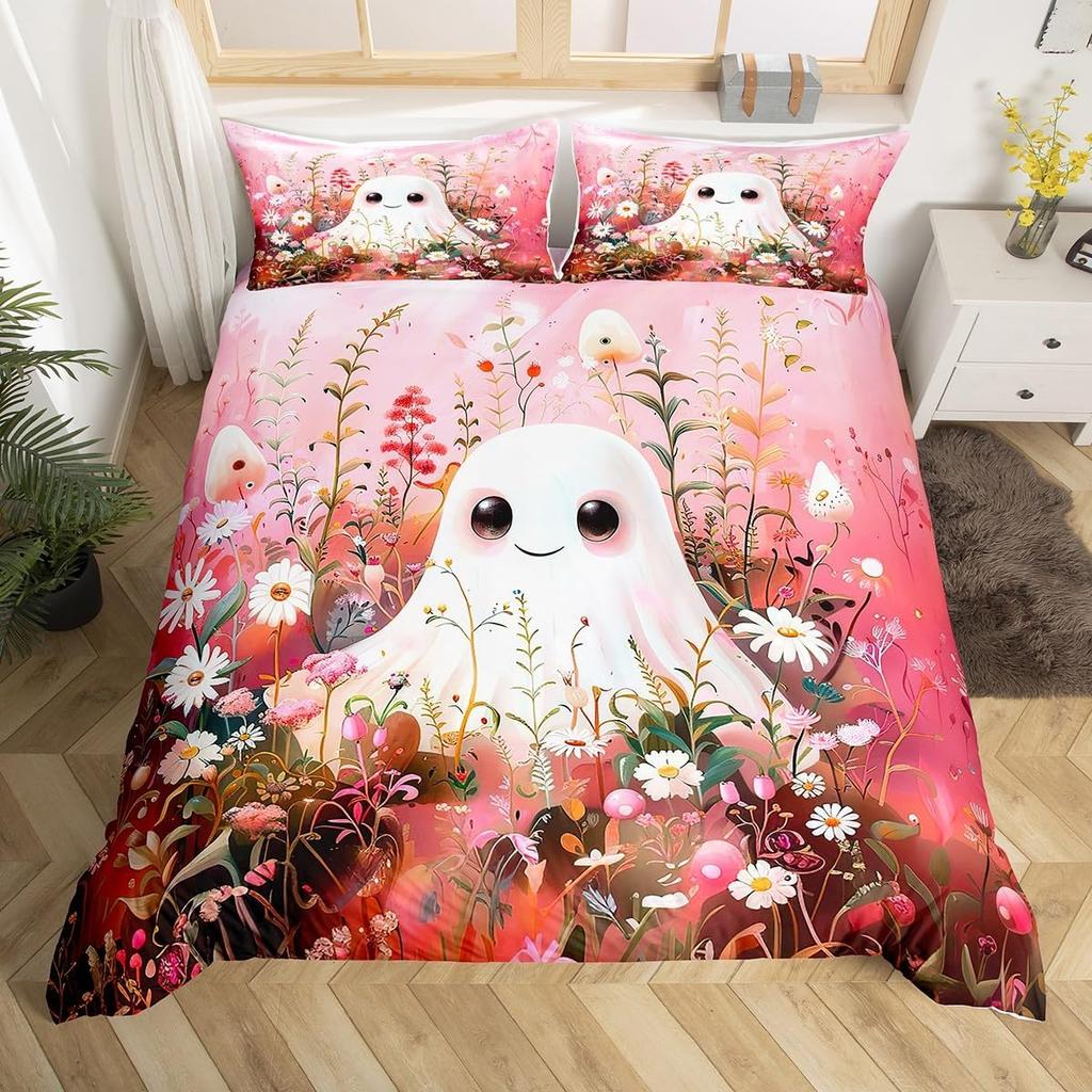 Cute Floral Ghost Duvet Cover Twin King For Boys Girls Room Decor Halloween Theme Bedding Set Boho Flower Print Comforter Cover
