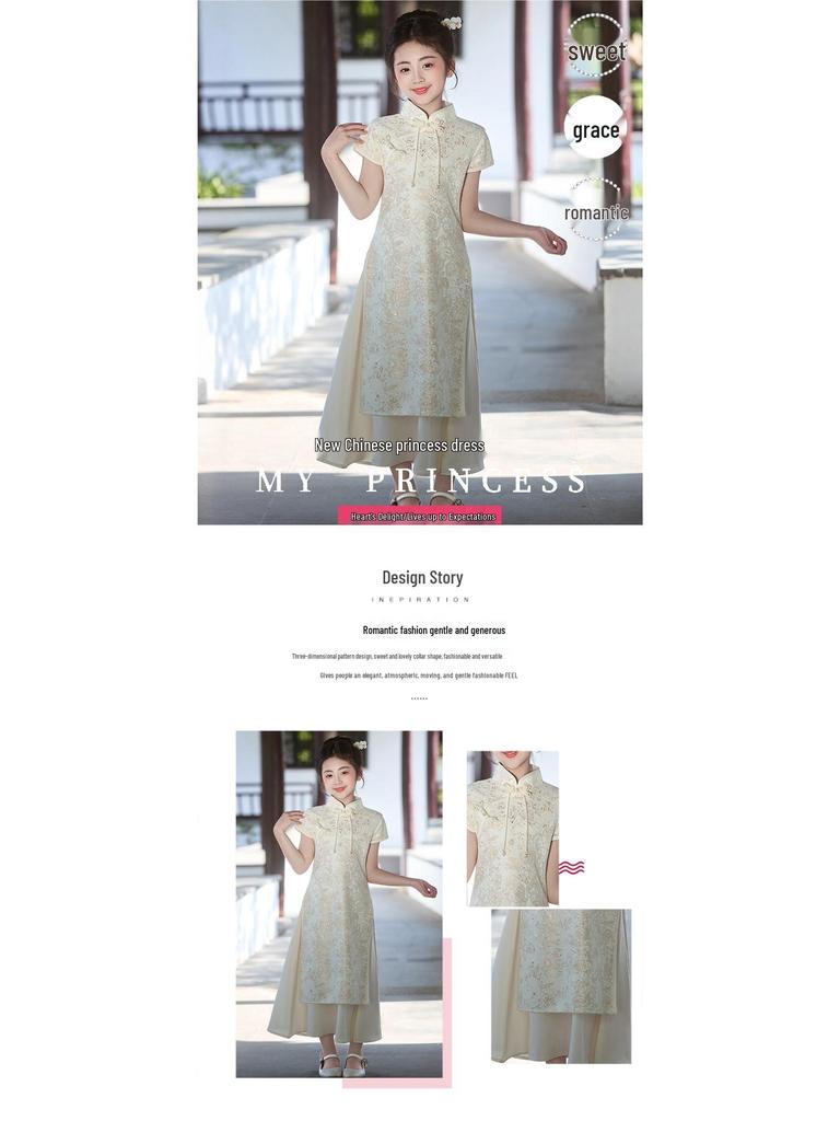 Girls' Chinese Style Evening Dress - Summer Cheongsam for Performances and Birthdays.