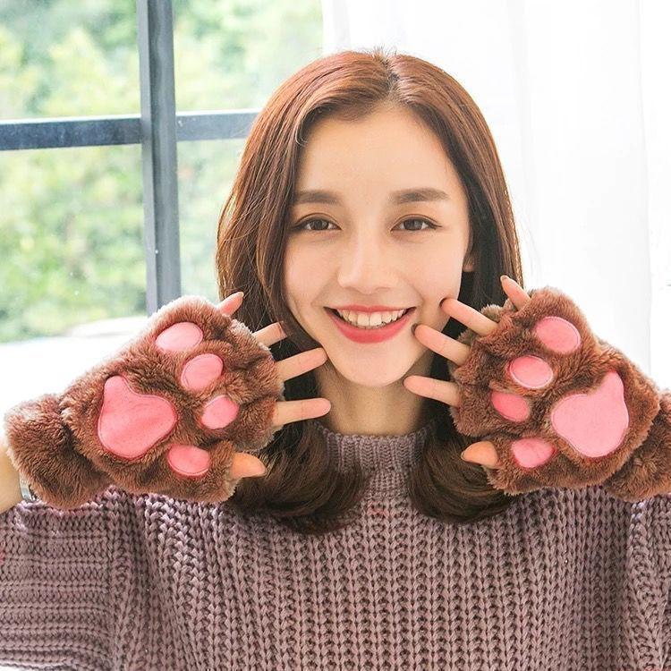 Women Cute Cat Claw Paw Plush Mittens Warm Soft Plush Short Fingerless Fluffy Bear Cat Gloves Costume Half Finger Party Gift