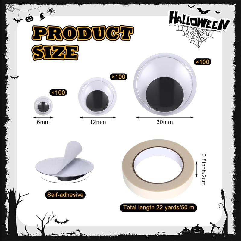 Halloween Masking Tape 5 Rollen 6 mm 12 mm 20 mm 300 Stück Schwarz Wackel-Kulleraugen Selbstklebend für DIY Basteldekoration