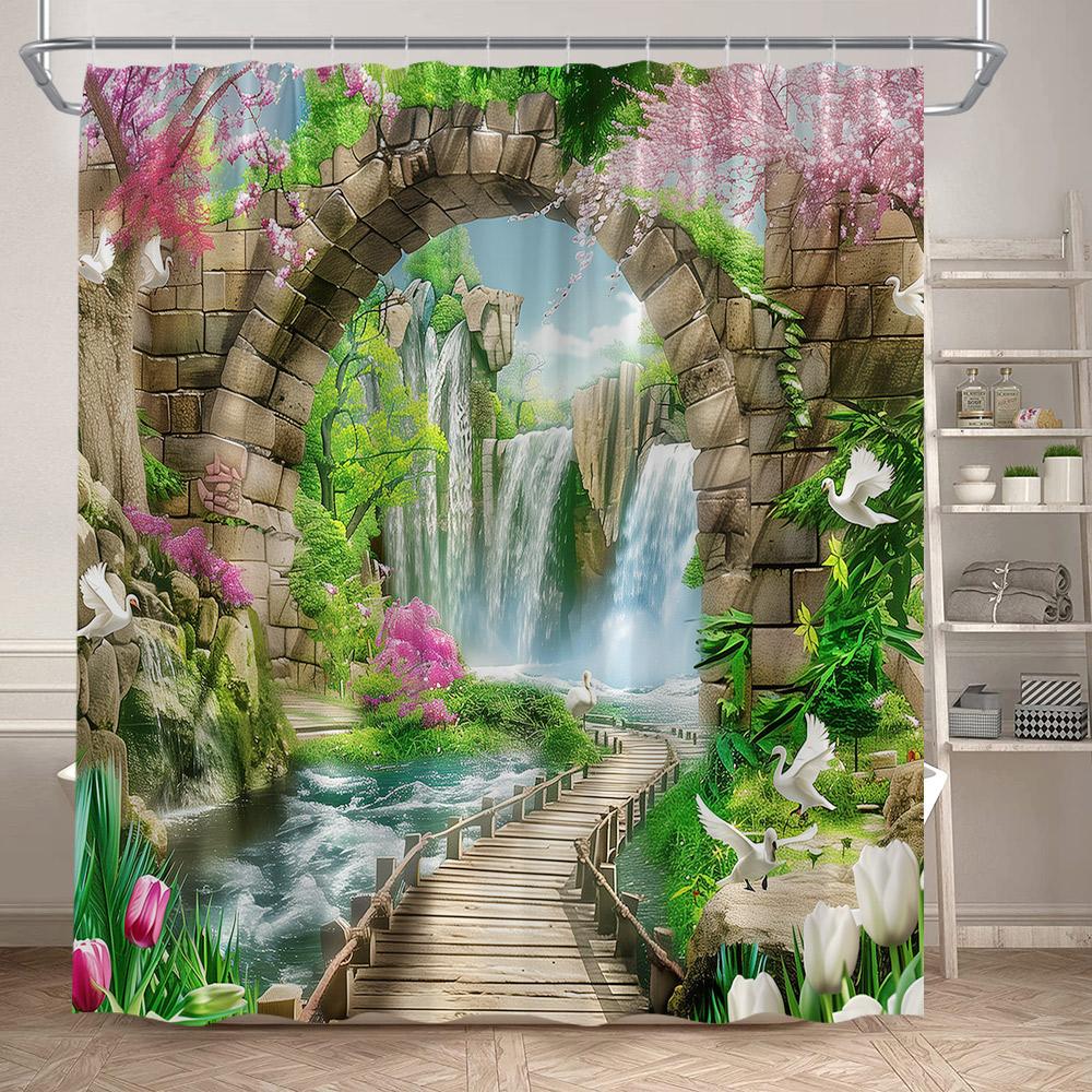 Beach Island Shower Curtain Tropical Palm Leaves Plants Flowers Parrots Blue Ocean Scenery Bathroom Curtains Fabric Home Decor