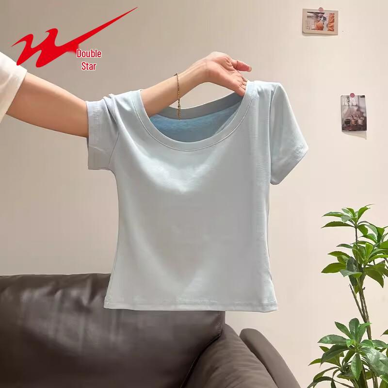 Shuangxing Women's U-Neck Ribbed Short Sleeve Crop T-Shirt