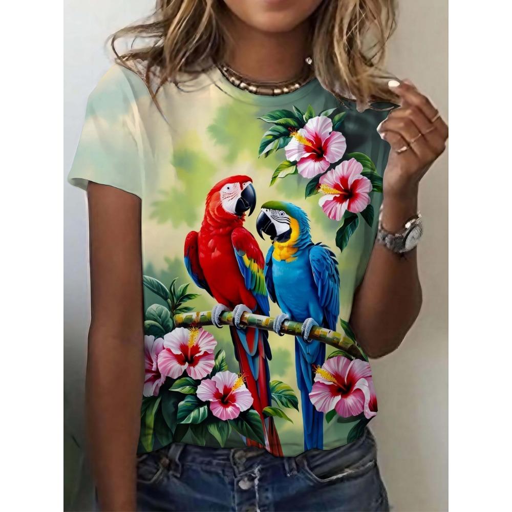 2026 Summer Fashion 3D Parrot Print Women T-Shirts Casual O-Neck Short Sleeve Tees Animal Print Trend Daily Wear Female Clothing