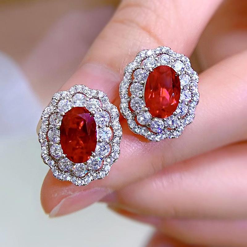 925 Sterling Silver Oval Ruby Cubic Zirconia Flower Stud Earrings Women  Accessories for Wedding Engagement  Lady's Jewelry Gift