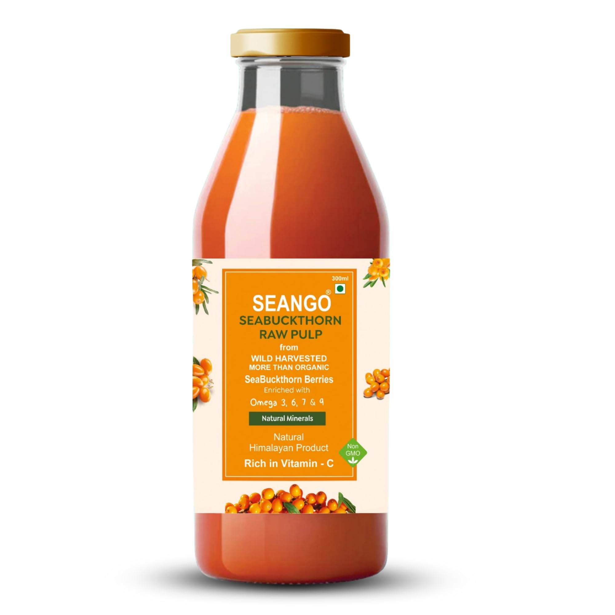 SEANGO Sea Buckthorn Raw Pulp Juice 300ml - Himalayan Sea Buckthorn Berry Concentrate with Natural Vitamin C, Omega 3, 6, 7 & 9 - Supports Immuni