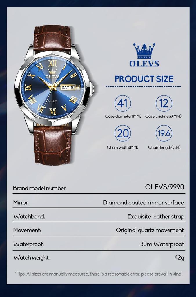 OLEVS Quartz Business Brown Leather Analogue Watch with Date and Day Stylish Blue Leather Men's Watch, Popular, Waterproof, Style, Strap, Display,