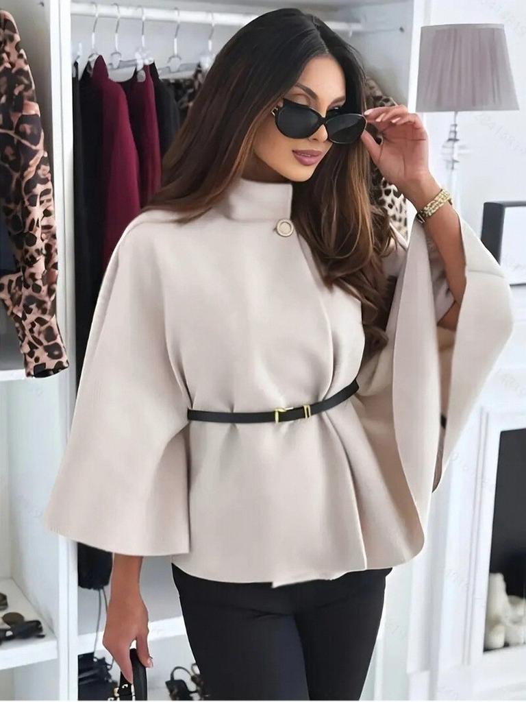 Moda Invernale Donna Stile Elegante Colore Puro Cintura con Cintura Cappotto Mantella in Lana