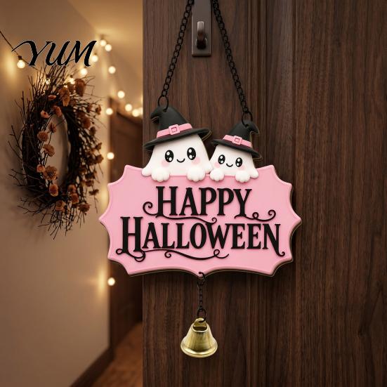 Festive Entrance Hanging Bell Halloween Cute Witch Hat Ghost Door Sign, Wooden Decoration, Decorative Skull Doorbell Pendants for Indoor Outdoor Home