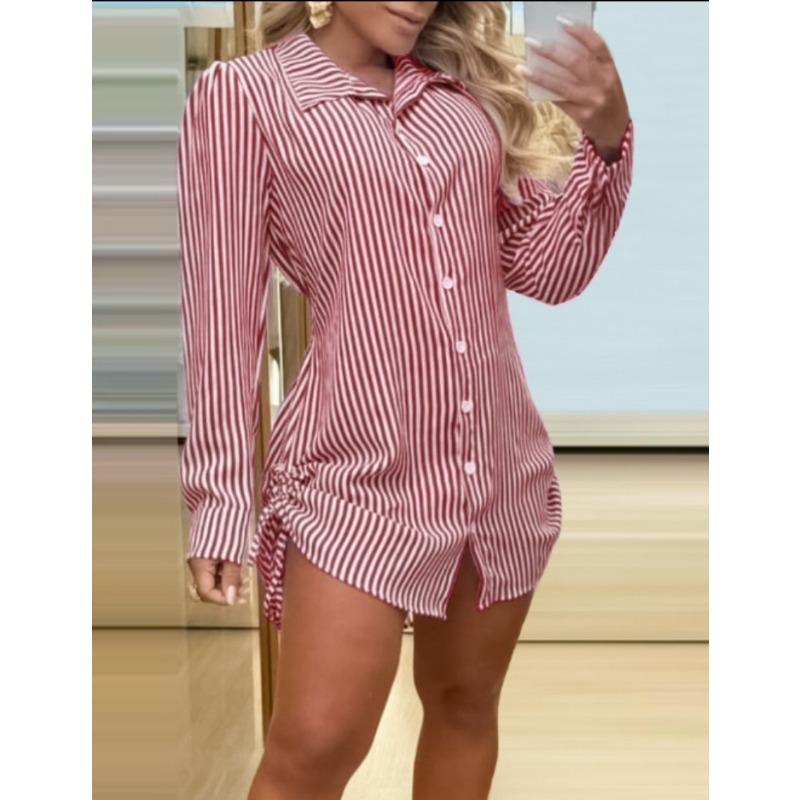 Spring and Autumn Women's Fashion Sexy Two Side Drawstring Shirt Dress