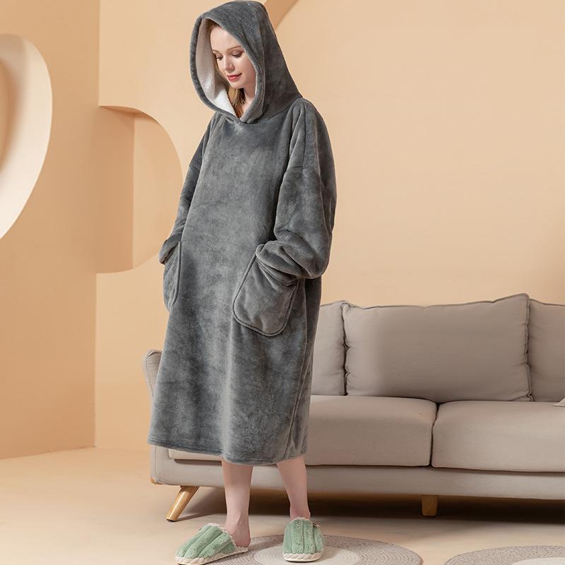 Albornoz de Franela con Capucha para Mujer Ropa de Dormir Suelta y Suave Dos Bolsillos Delanteros Camisón con Capucha cálido de Color Puro Ropa de Invierno para el hogar Camisones
