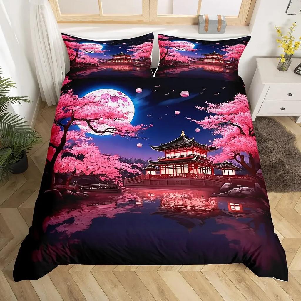 Japanese Sakura Duvet Cover Sets For Teens Queen Size Japanese Styles Quilt Covers Set 2 Pillowcases 1 Duvet Cover No Comforter