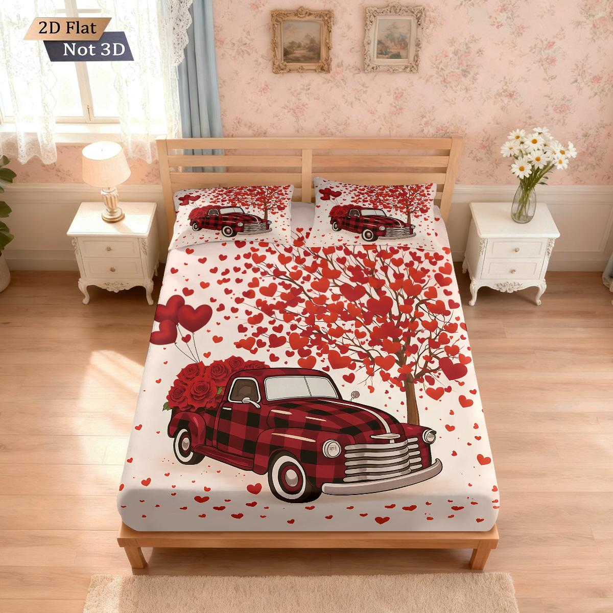 

3pcs Happy Valentine s Day Red Love Tree Car Printed Chipless Bed Sheet Set Multi Size Bedroom Cover Decoration 90x191