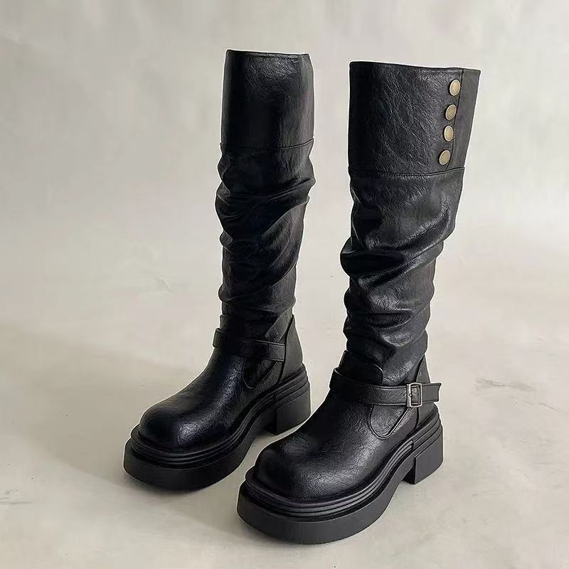 

Spring and autumn British style knight boots Maillard wasteland style temperament is thin and tall, stacked and folded 35【foot length 22.5cm】 чёрный
