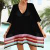 Women Bikini Cover Up V-Neck Drop-shoulder Sleeves Hollow Beachwear Dress Side Split Color Block Crochet Swimsuit Cover-ups