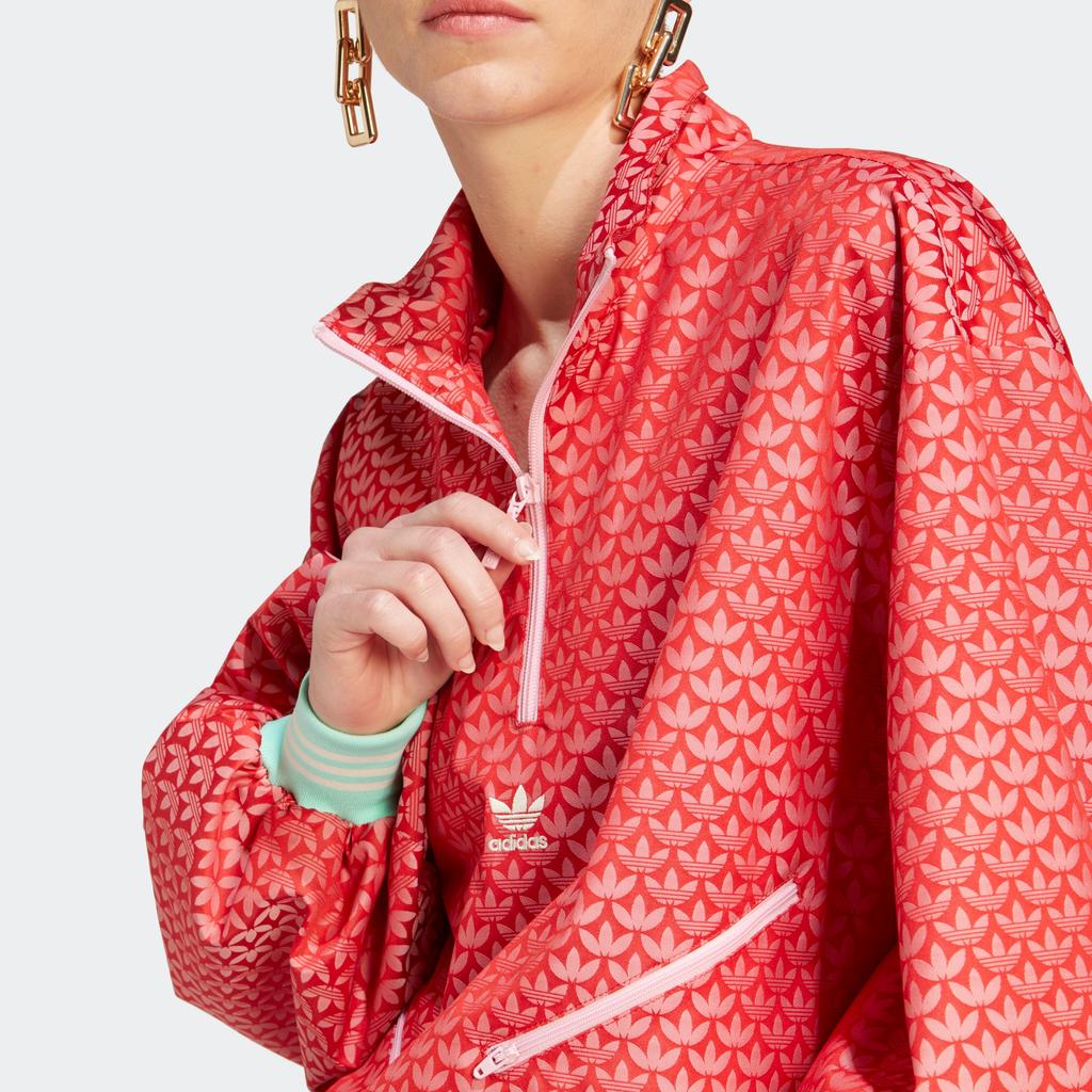 Adidas Originals 70S Logo All Over Print Half Zip Loose Fit Pullover Long Sleeve Jacket Women Jacket Light-Crimson IK7884