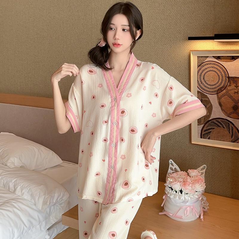 Pajamas women's summer bubble cotton yarn thin short-sleeved trousers cute cartoon Korean version flower summer loungewear two-piece set