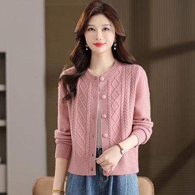 Damen Strick Cardigan mit Rautenmuster und Zopfmuster – Frühling/Herbst, Rundhals, Einfarbig, Lockere Passform, Langarm Pullover Mantel.