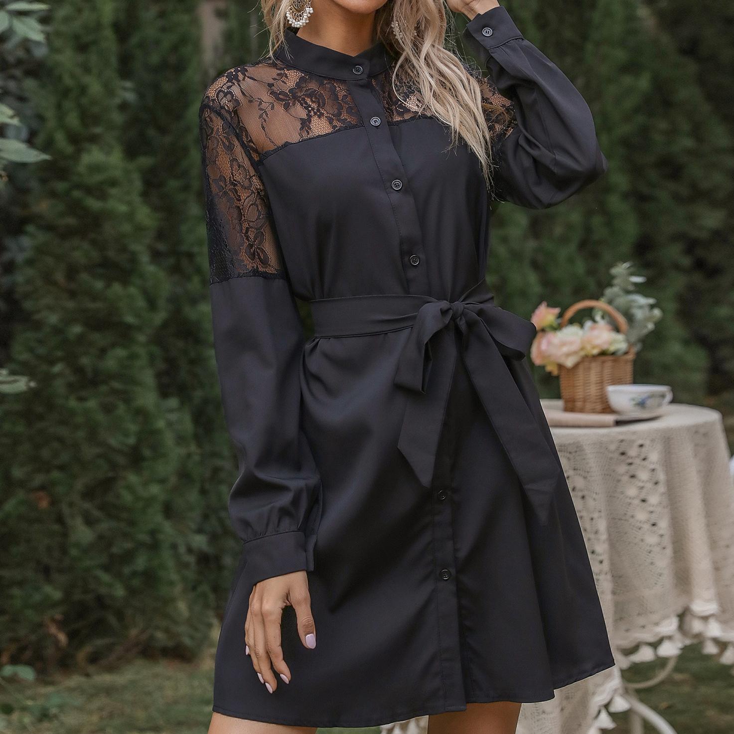 

YYFS женские винтажные летние весенние повседневные платья с кружевным принтом и длинным рукавом, полуводолазка с высокой талией XL чёрный