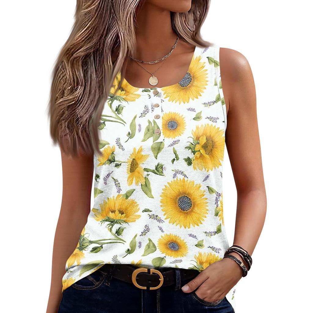 Women Sleeveless Tank Top Floral Print U Neck Button Front Casual Summer Blouse Lightweight Soft Fabric Relaxed Fit