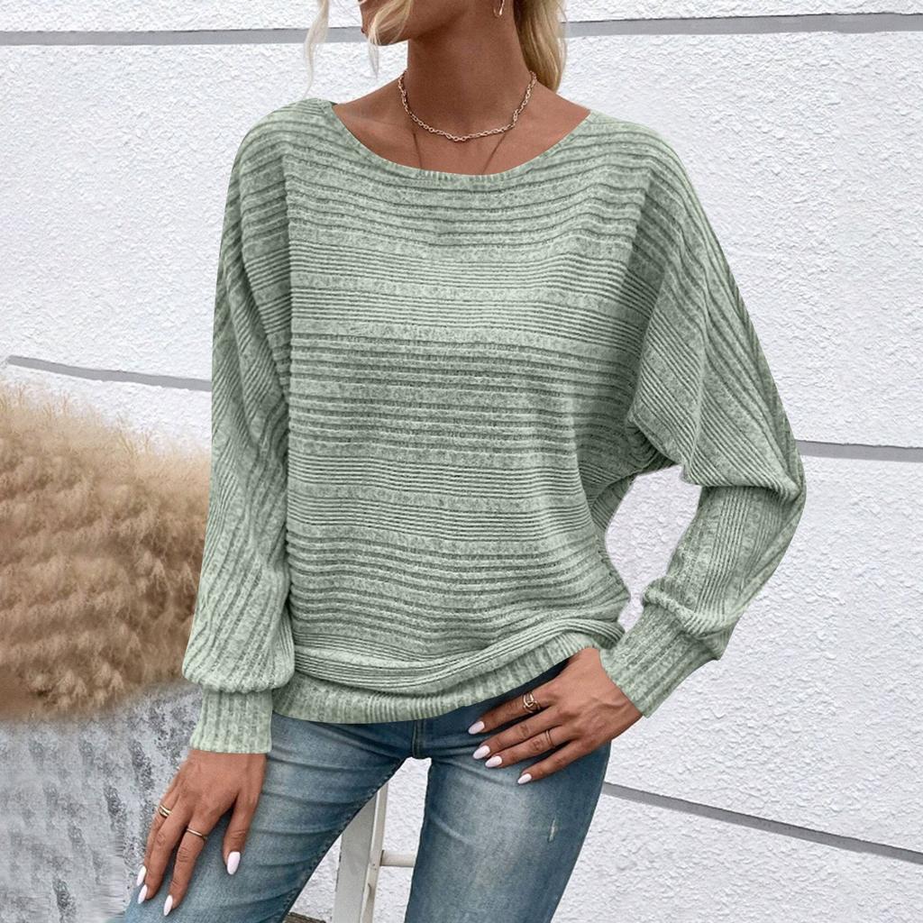 Women's Fashionable Solid Color Round Neck Long Sleeved Casual Pullover T-shirt Top