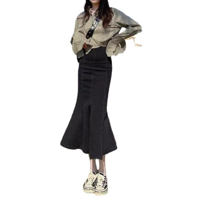 Women's Fishtail Denim Skirt – 2026 Spring/Summer/Autumn Hip-hugging Mid-length Slit Design