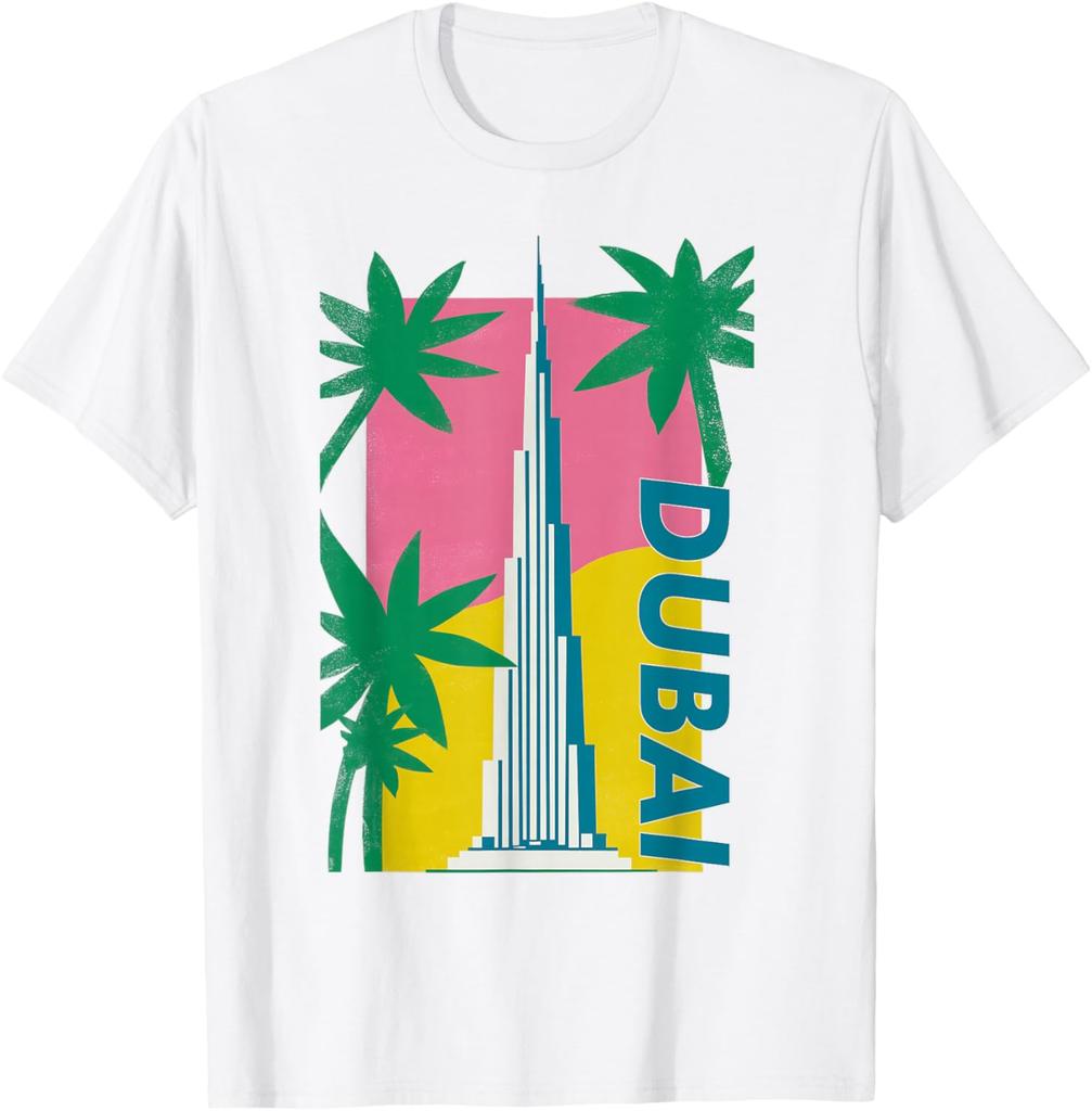 Dubai Burj Khalifa Palm Tree Retro Graphic Tee Men Casual Cotton TShirt