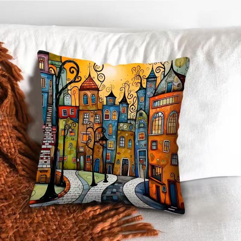 Retro color printing pillowcase: 2D flat printing, non-real embroidery, night sofa, night sofa cushion