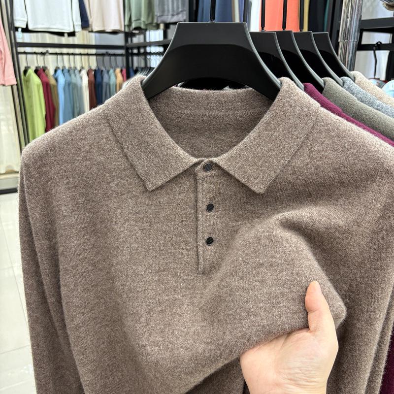 Men s 100% Pure Wool Lapel Sweater - Thickened for Winter, Solid Color, Basic Style 4XL
