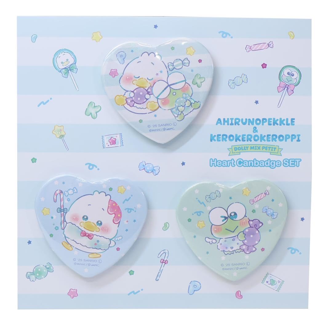 Pekkle the Duck & Kerokerokeroppi x DollyMix Petit Pekkle the Duck & Kerokerokeroppi x DollyMix Petit Heart Tin Badge Set of 3