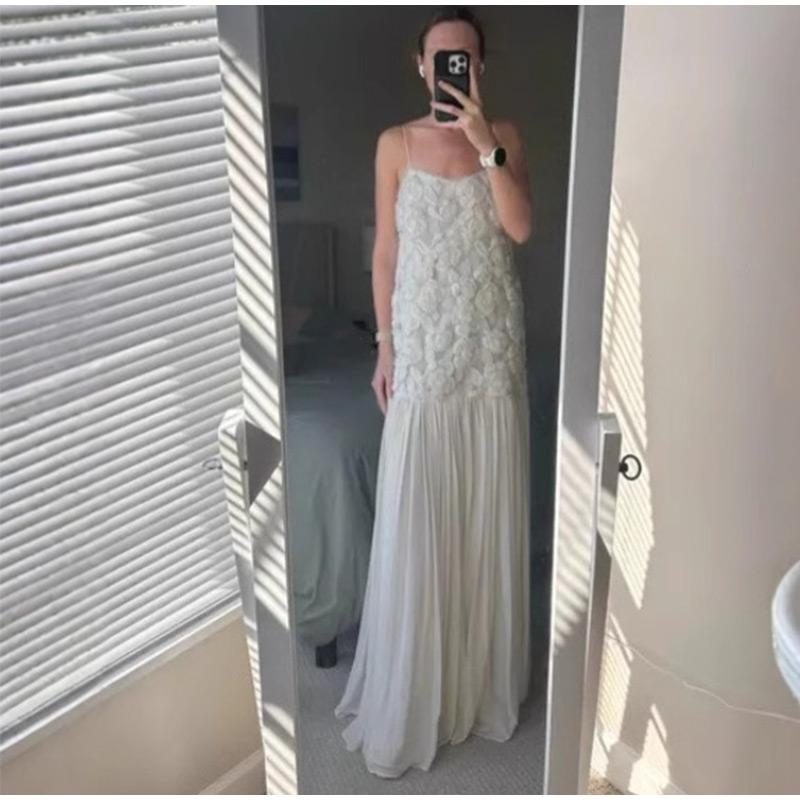 3D Flower Patchwork Long Dress Women Spaghetti Strap Sleeveless Backless Elegant Evening Dresses