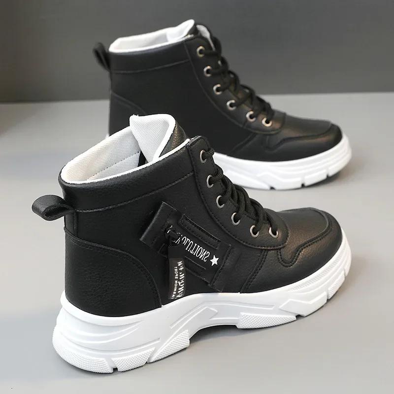 Women's High Top Cotton Shoes Fashion Leather Casual Shoes Lace Up Ankle Bootis Winter Plush Warm Snow Boots for Women Sneakers