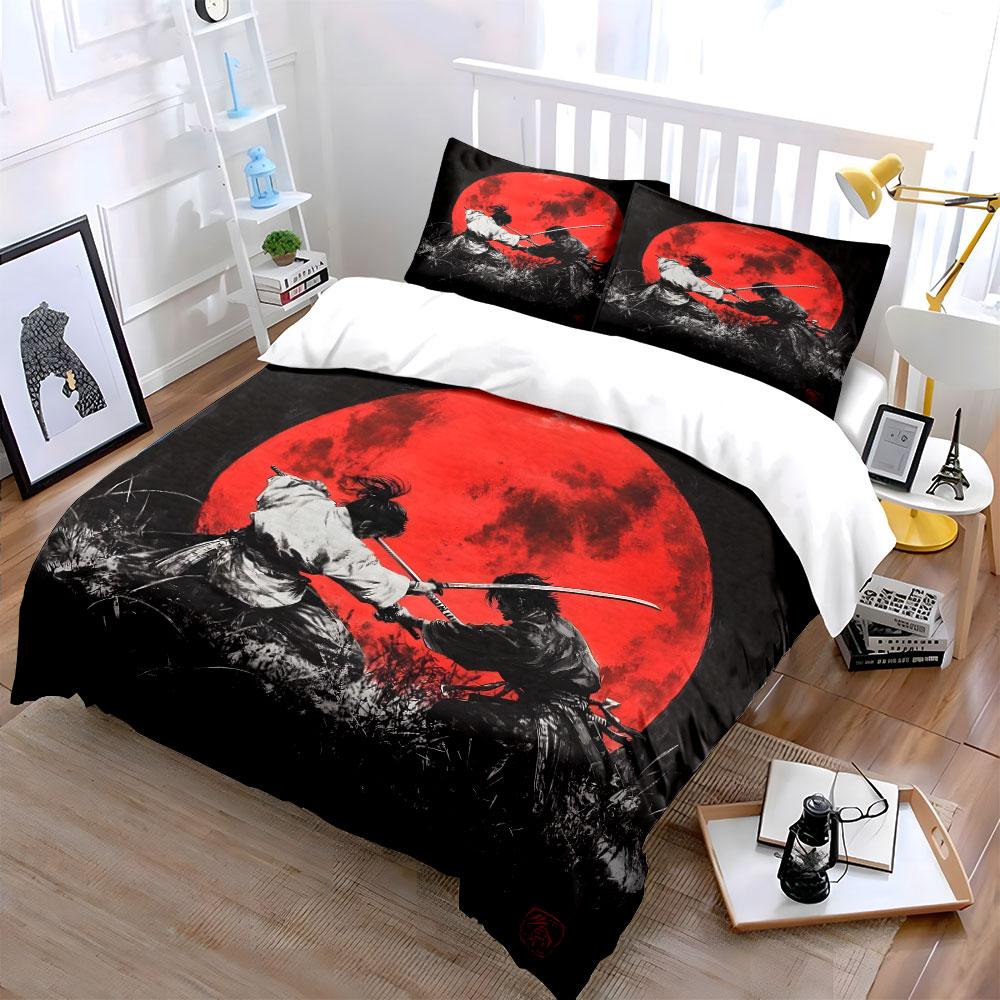 Samurai Duel Under Red Moon Bedding Duvet Cover Set  (1*Duvet Cover 2*Pillowcases, without duvet insert)