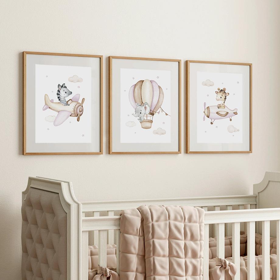 Flying Animals Airplane Hot Air Balloon Airship Nursery Wall Art Canvas Painting Nordic Poster And Print Girl Room Home Decor