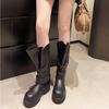 Fashion Large Size 35-42 Women Retro Belt Buckle Venom Boot Soft Bottom Motorcycle Boot Women Slope Heel Punk Fad Long Boots Botas Mujer